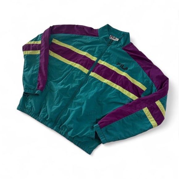 Men’s Vintage Fila Carter Windbreaker Teal Purple and Yellow Stripes Size M - Picture 3 of 7
